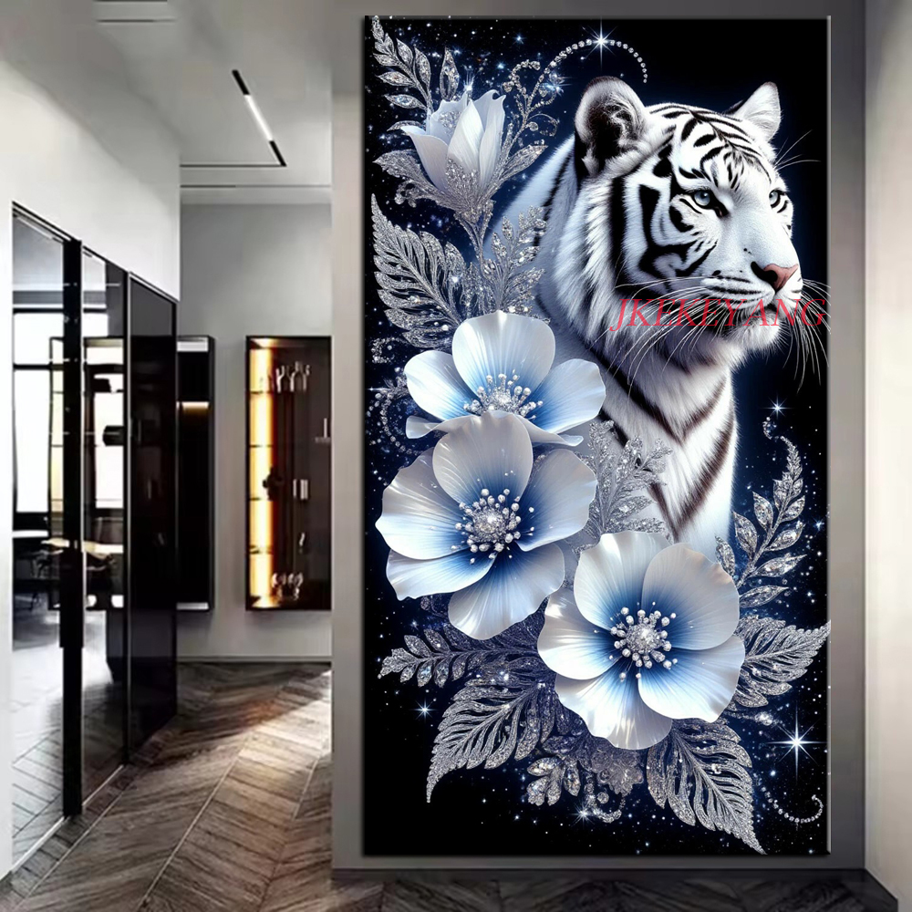 Photo Mosaic Print - Beautiful White Tiger and Flowers Picture