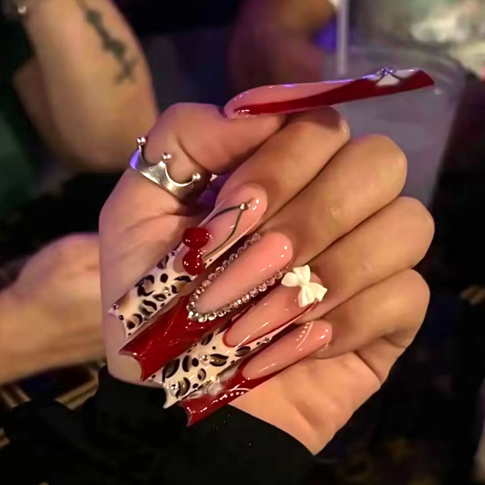 Pressed Flower Art - 24pcs Wearable Press on Nails Cherry