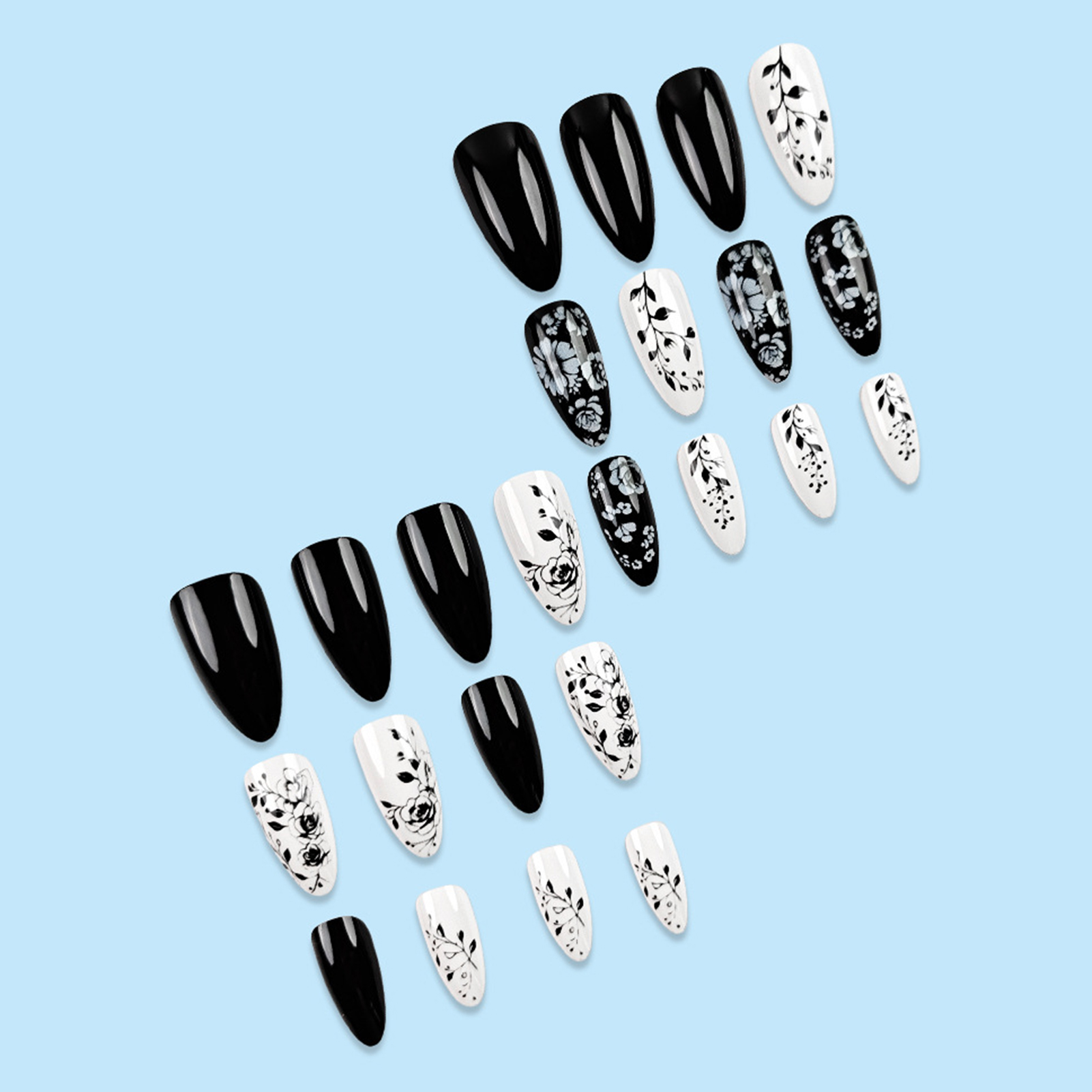 24Pcs Almond Fake Nails Black/ - đánh giá và giá Pressed Flower Art