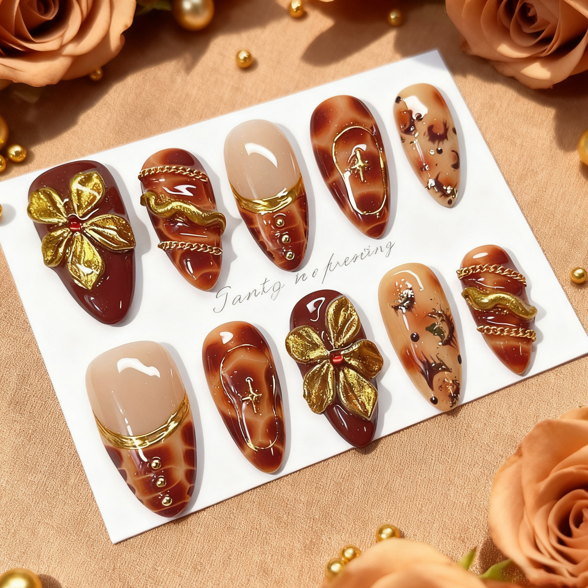 24pcs Flower False Nails Brown - đánh giá và giá Pressed Flower Art
