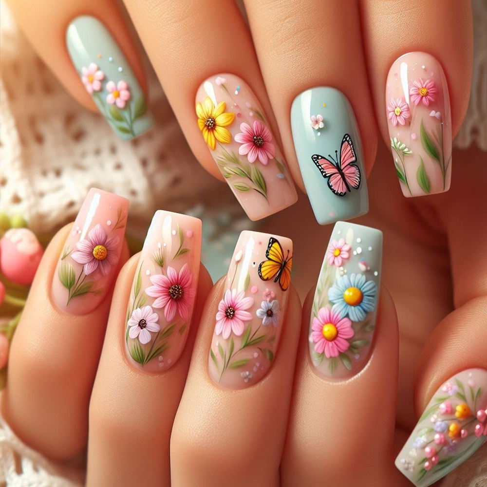 Medium long fake nails gradien - đánh giá và giá Pressed Flower Art
