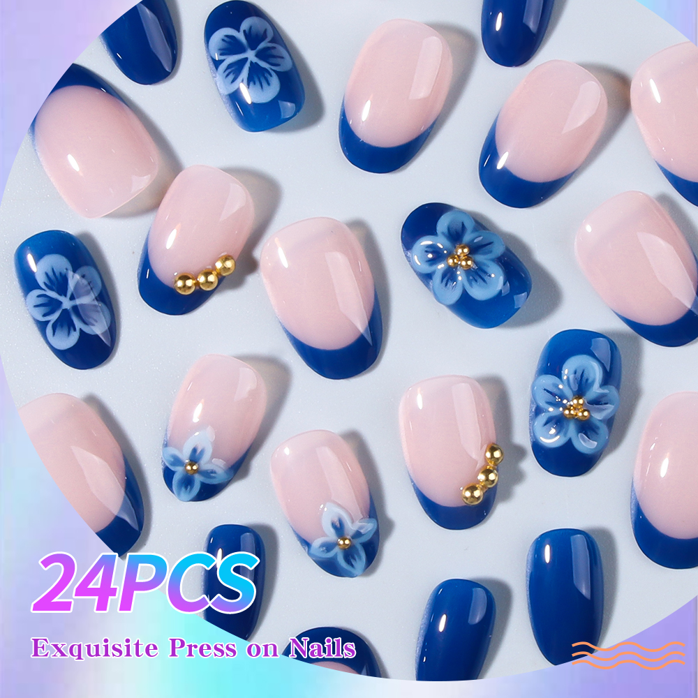 24pcs Short Oval 3D Gel Nail S - đánh giá và giá Pressed Flower Art