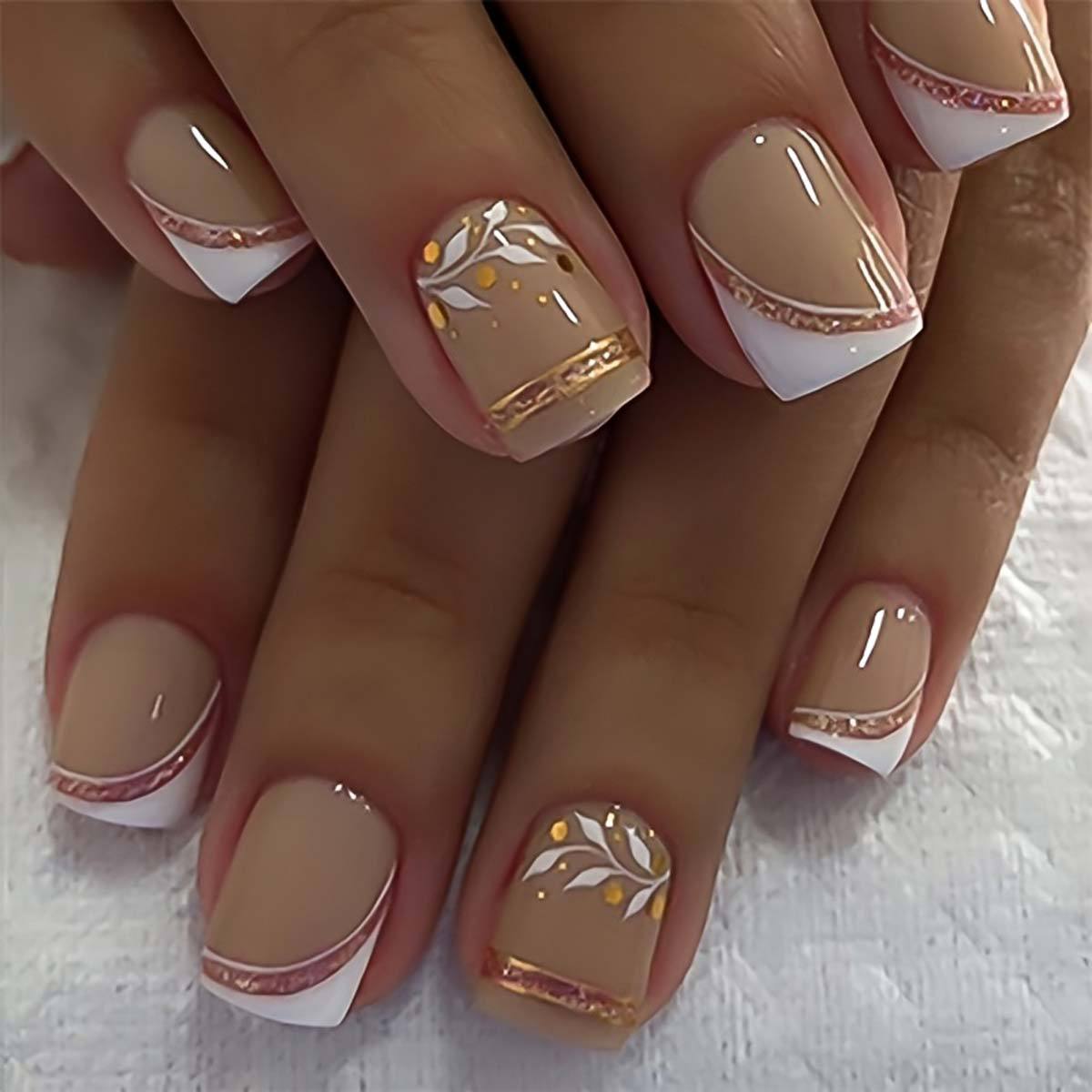 Short Square fake nails golden - đánh giá và giá Pressed Flower Art